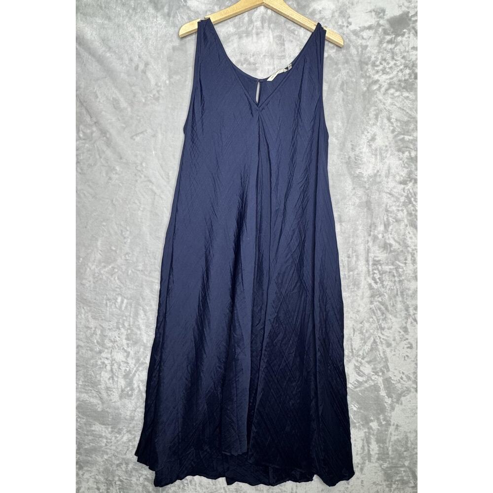 Soft Surroundings Dress Womens Large Navy Blue Crinkle Maxi Sleeveless Swing